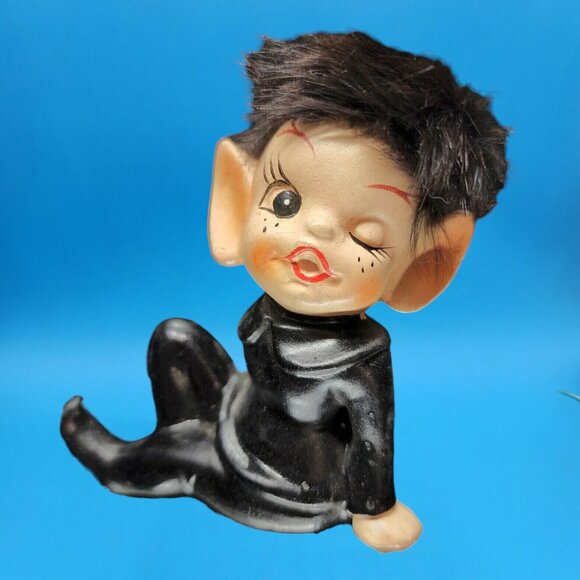 Vintage Winking Pixie Elf Black Outfit Furry Hair DABS Japan Figurine - Picture 3 of 9